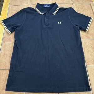 Fred Perry Polo Shirt Mens Sz 44  Black Gold Twin Tipped Laurel Made In England